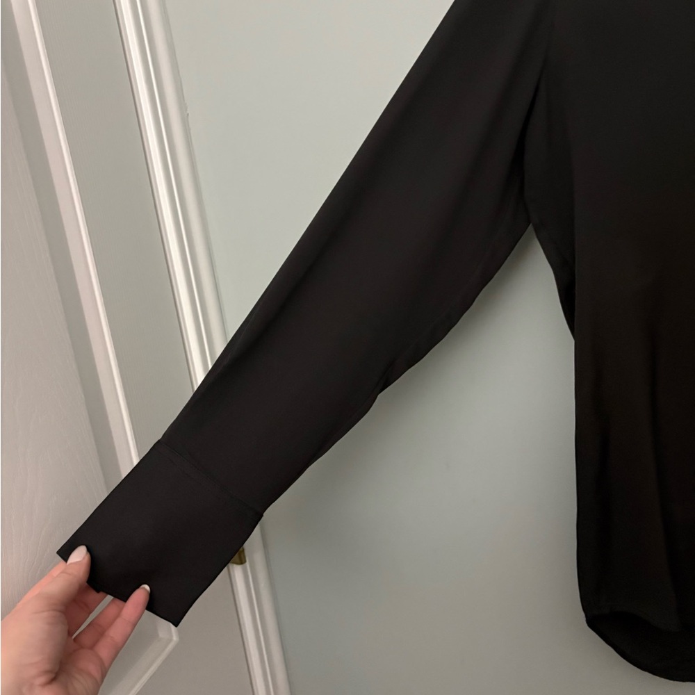 FRAME Black Silk Blouse Collared V Neck Popover Top Long Sleeve Small - Picture 6 of 11